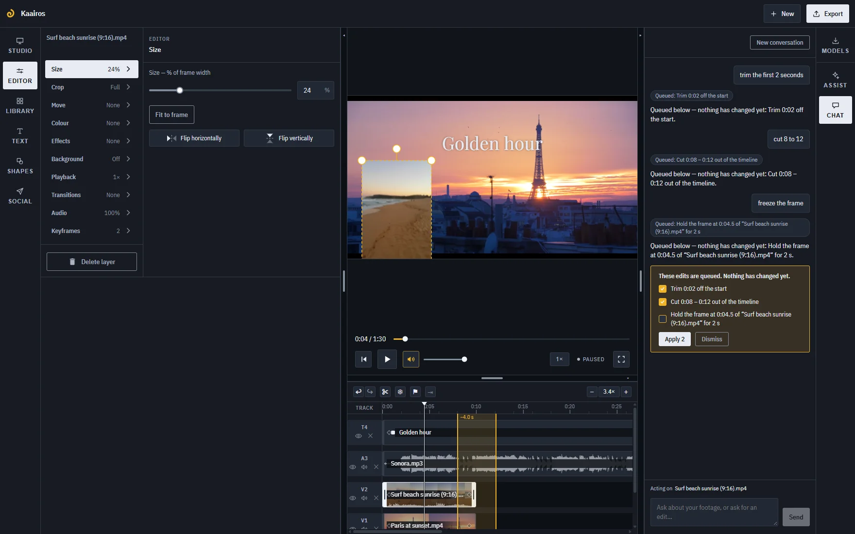 The Kaairos studio. Three clips, a title and a music bed on the timeline; the editor's panel on the left; on the right, the chat with three edits queued on one card, two ticked and one unticked, and an Apply 2 button.