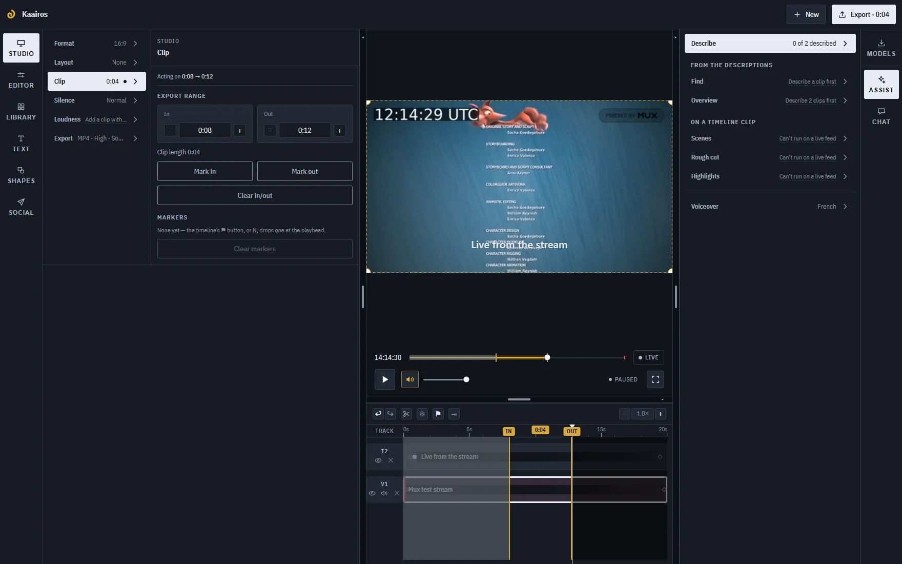 A live test stream in the studio, paused, with In and Out marks four seconds apart on the timeline and the Clip section showing 0:08 to 0:12.